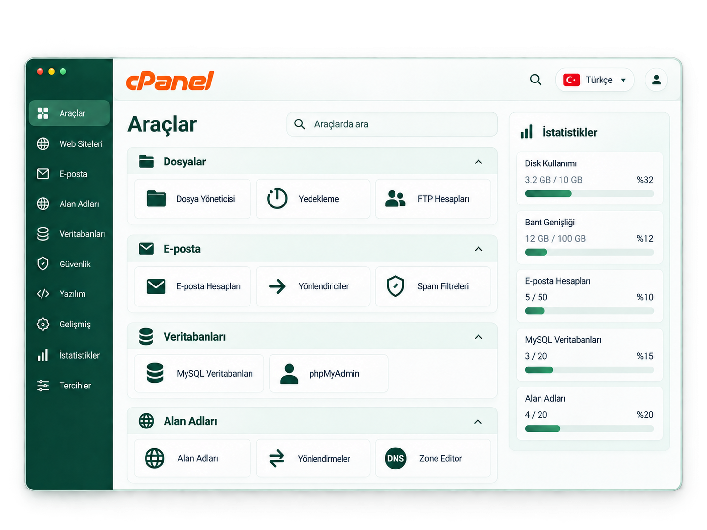 Türkçe cPanel Kontrol Paneli